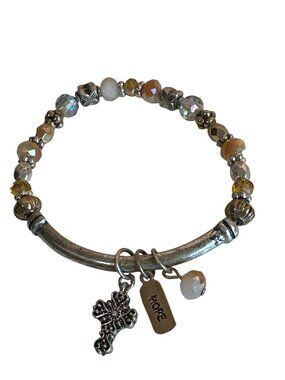 Beaded Stretch Bracelet Cross & "Hope" Charms Multicolor Beads Silver-Tone Accen